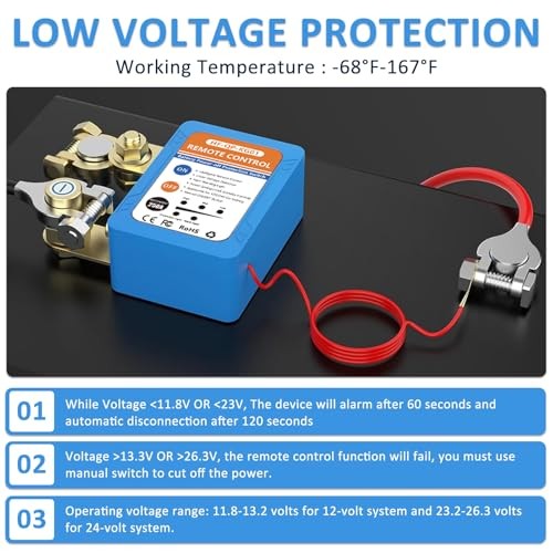 250A Kill Switch for Car, 12V/24V Remote Battery Disconnect Switch Automatic