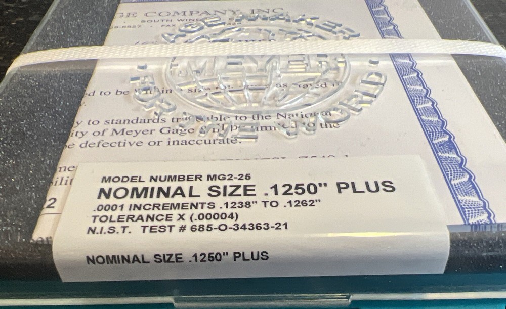 Meyer MG2-25 Nominal Size .1250” plus Inspection Gage Blocks