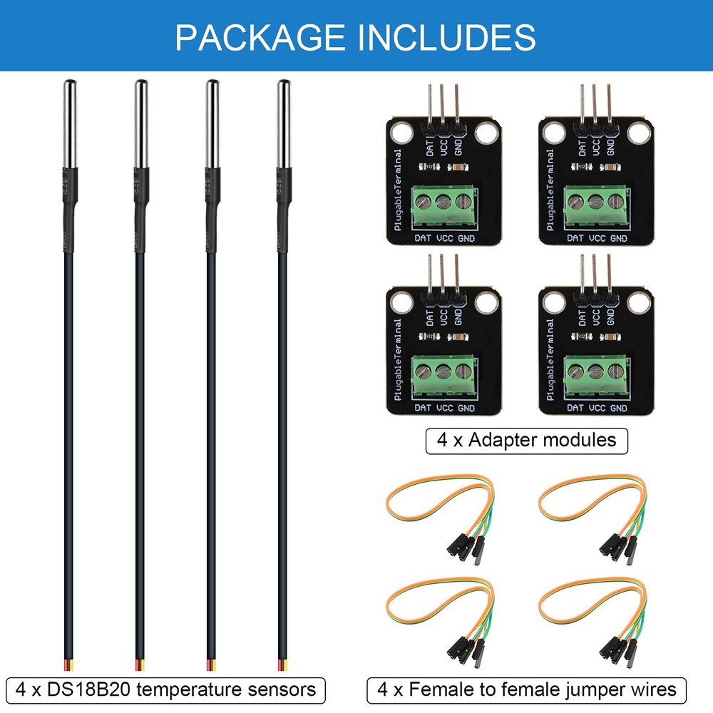 Weewooday DS18B20 Temperature Sensor Module Kit, 4 Sets with 1m Cable