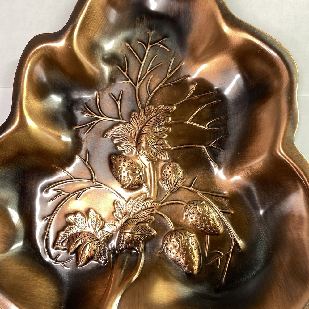 Copper Leaf Shaped Serving/Decorative Tray W/Strawberries By Coppersmith Guild