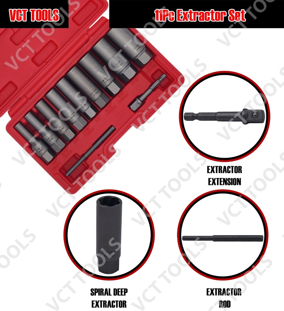 11pc Extra Long Screw, Nut, Bolt, Spark Plug Extractor Set, 1/4" - 3/4"