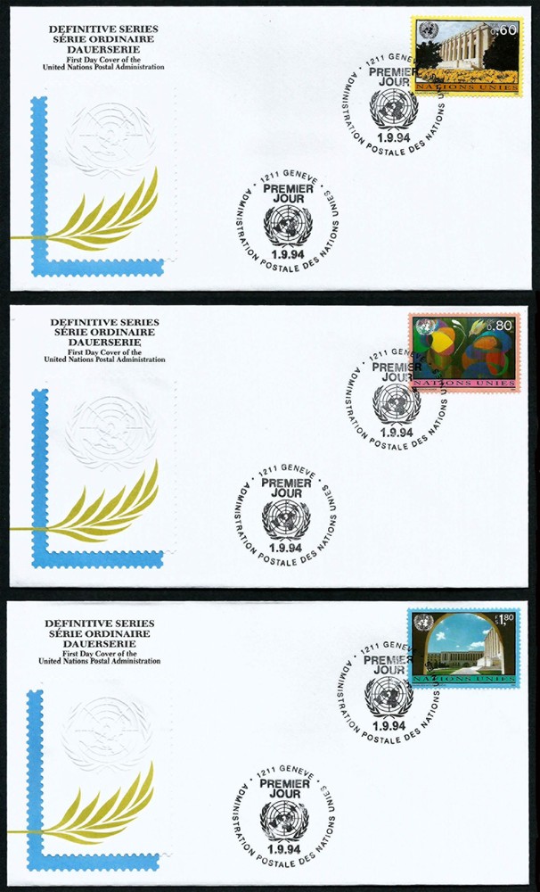 UNITED NATIONS GENEVA, SCOTT # 255-257, FDC COVERS SET - DEFINITIVE ISSUES 1994