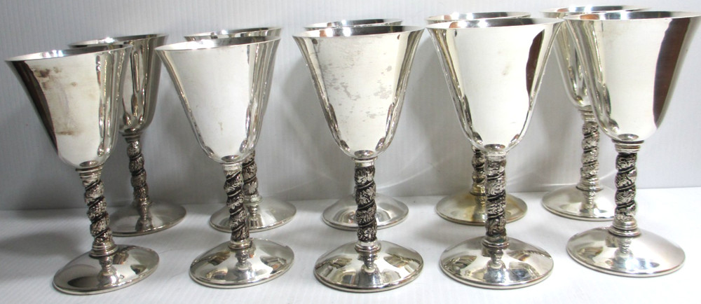 Vintage Silver-Plated Wine Goblet Stemware Spain Set 10 Twisted Grapevine Stem