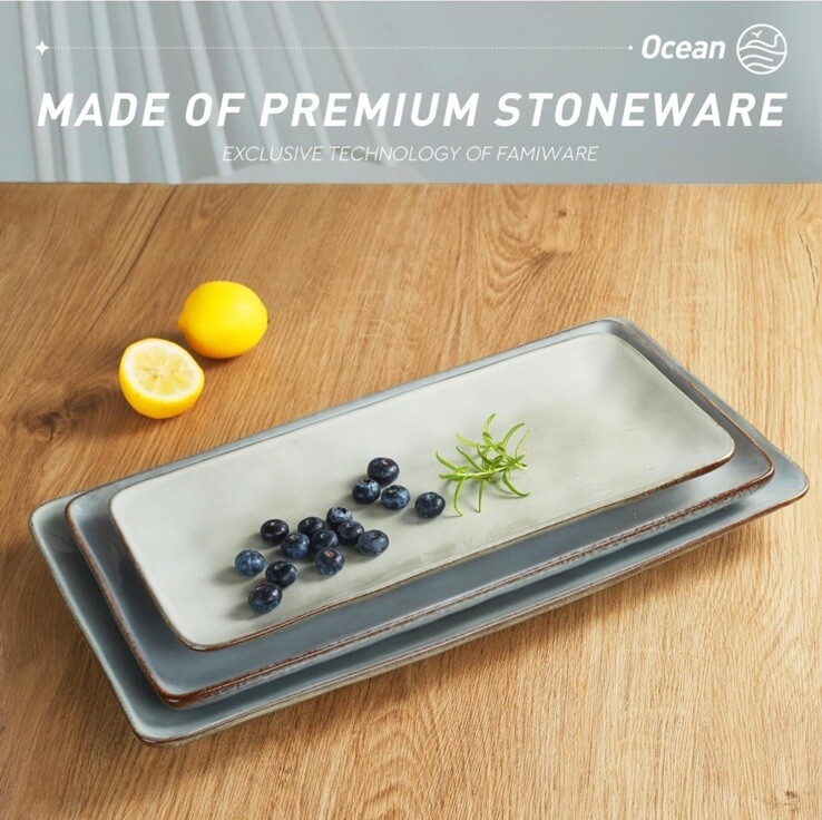 Famiware Ocean Series Rectangular Gray Stoneware 3 Piece Serving Platters Set