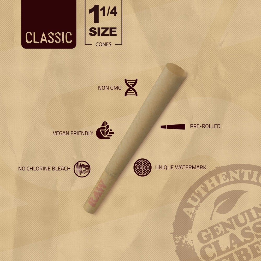 RAW Cones 1-1/4 Classic | 50 Pack | Slow Burning with Pre-Rolled Tips