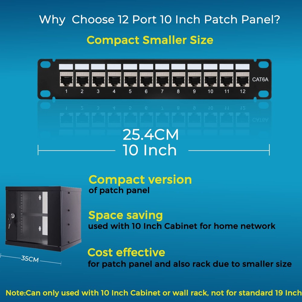 Mini 12 Port Cat6A Patch Panel with Inline Keystone 10G Support, Shielded 10-...