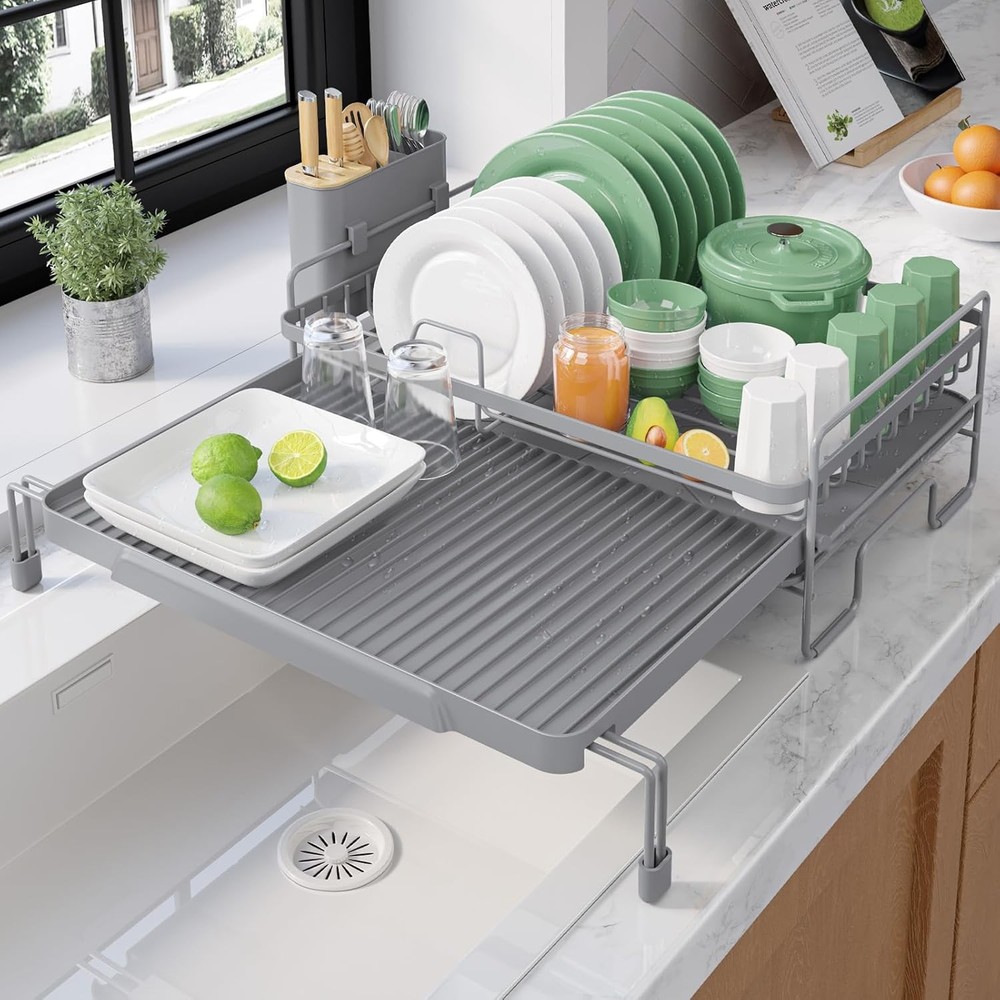 Extendable Dish Drying Rack Adjustable Length 12.8"–21.0" Auto-Draining Dish