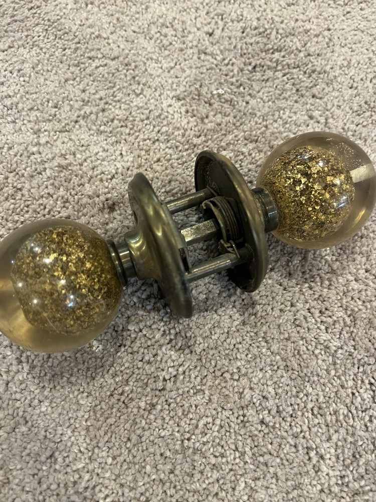 Vintage Lucite Door Knobs Gold Fleck Acrylic Brass Spindle Mid Century Pair