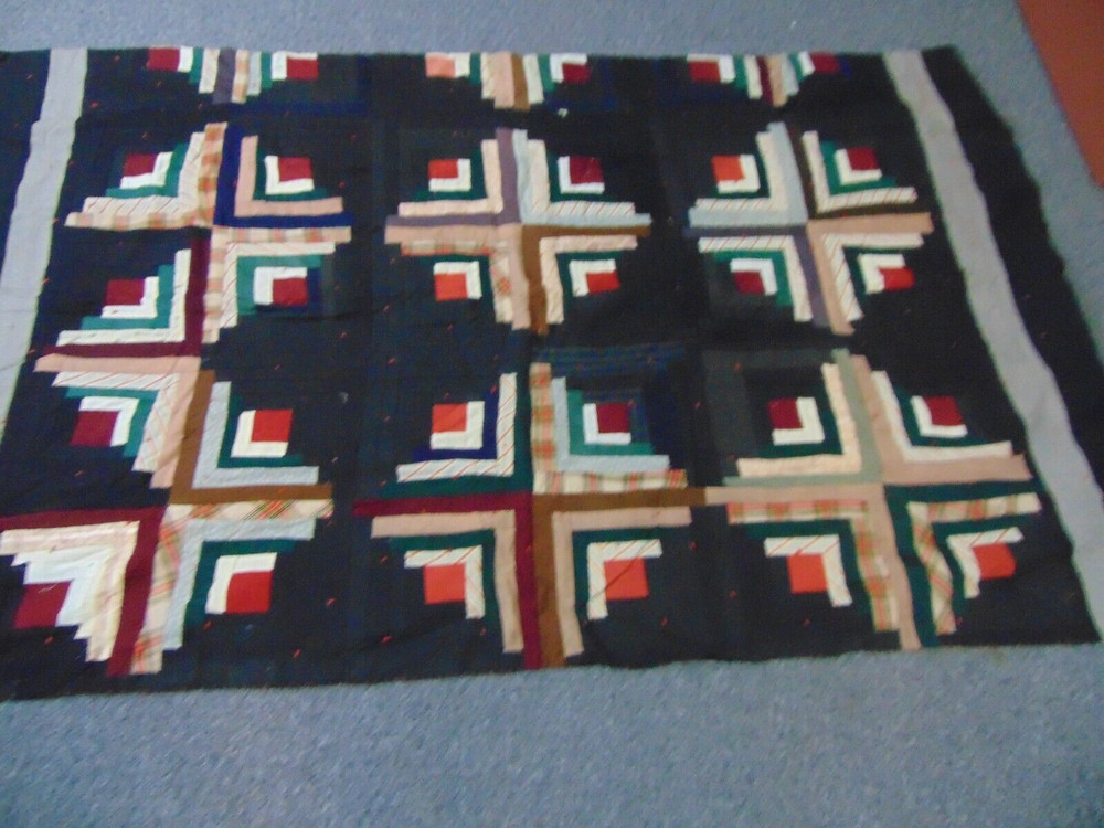 1900s Quilt-LOG CABIN Pattern-52x83-Wool-Pattern in a Pattern Type-HANDSOME-SALE