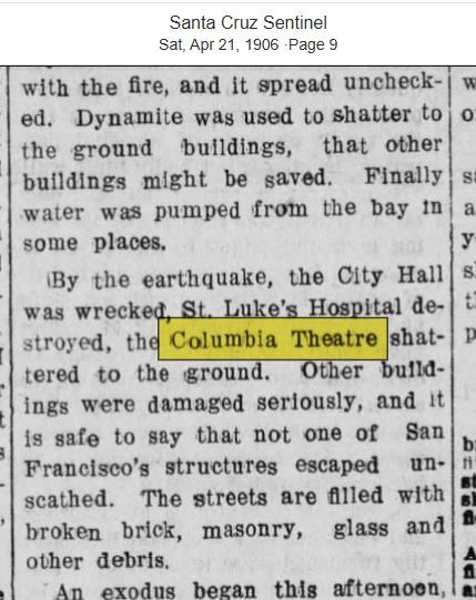 2226----1906 Columbia Theatre programs San Francisco destroyed by earthquake