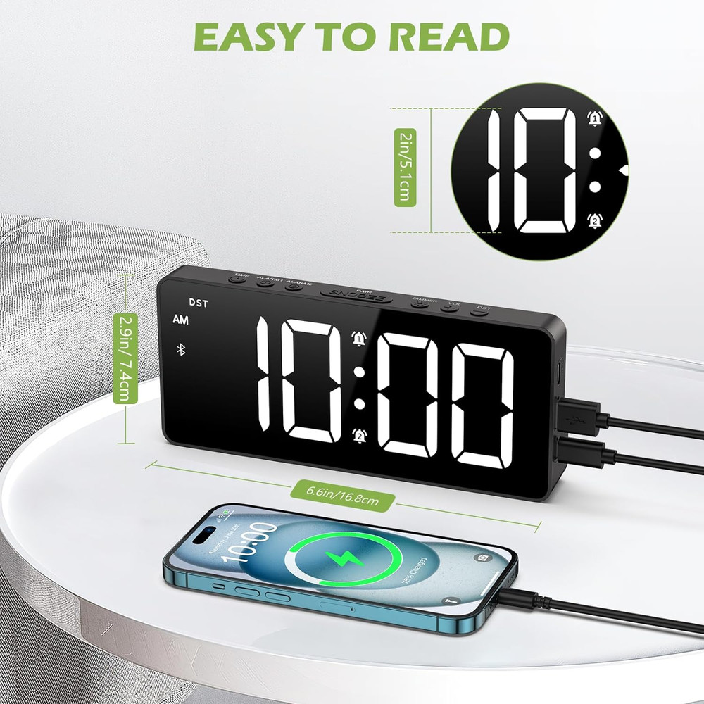 7 Inch Digital Alarm Clock with Bluetooth Sync Time, Auto-Sync Time, Adjustable