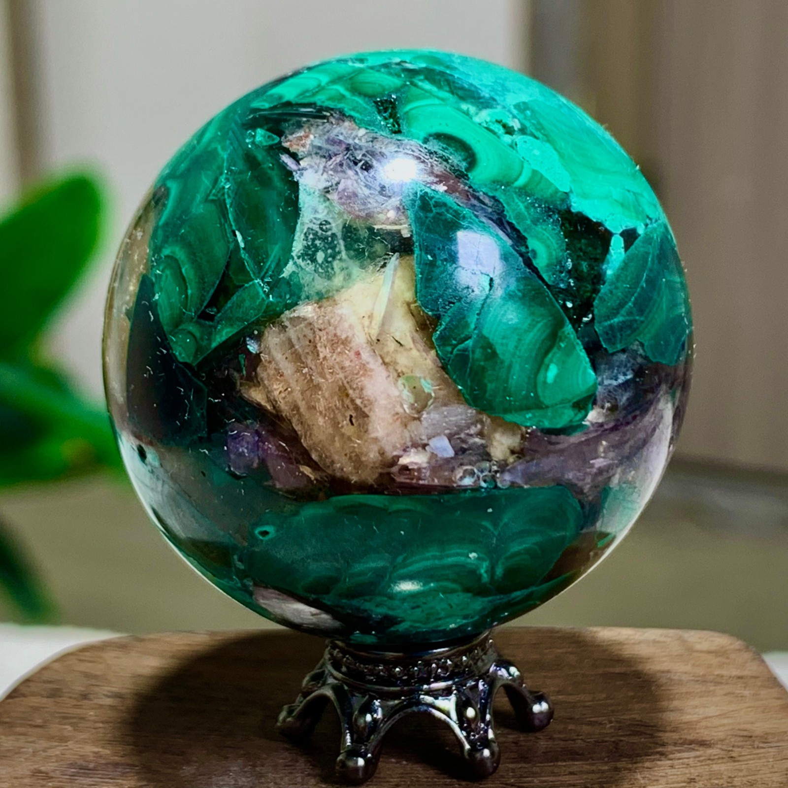 79G Newly discovered rare malachite purple mica symbiotic sphere restoration