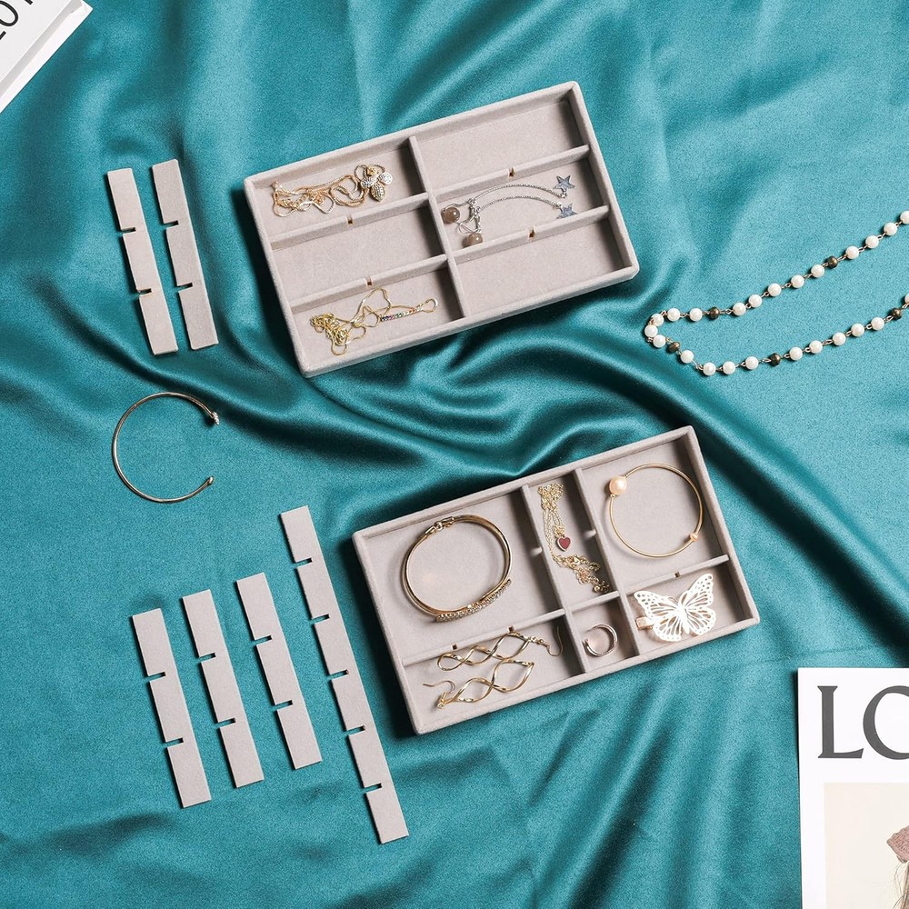 Stackable Velvet Jewelry Organizer Trays Drawer Inserts 6pcs Grey