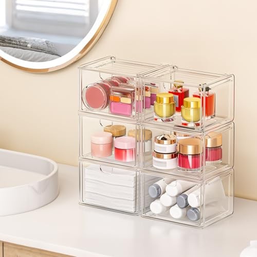 6 Pack Small Stackable Stroage Drawers, Acrylic Bathroom Makeup 6 Small