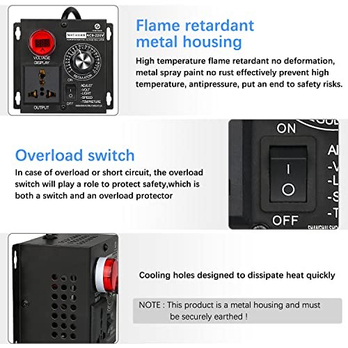 AC Variable Speed Controller, 120V~220V 15A 4000W SCR Voltage Metal shell Black