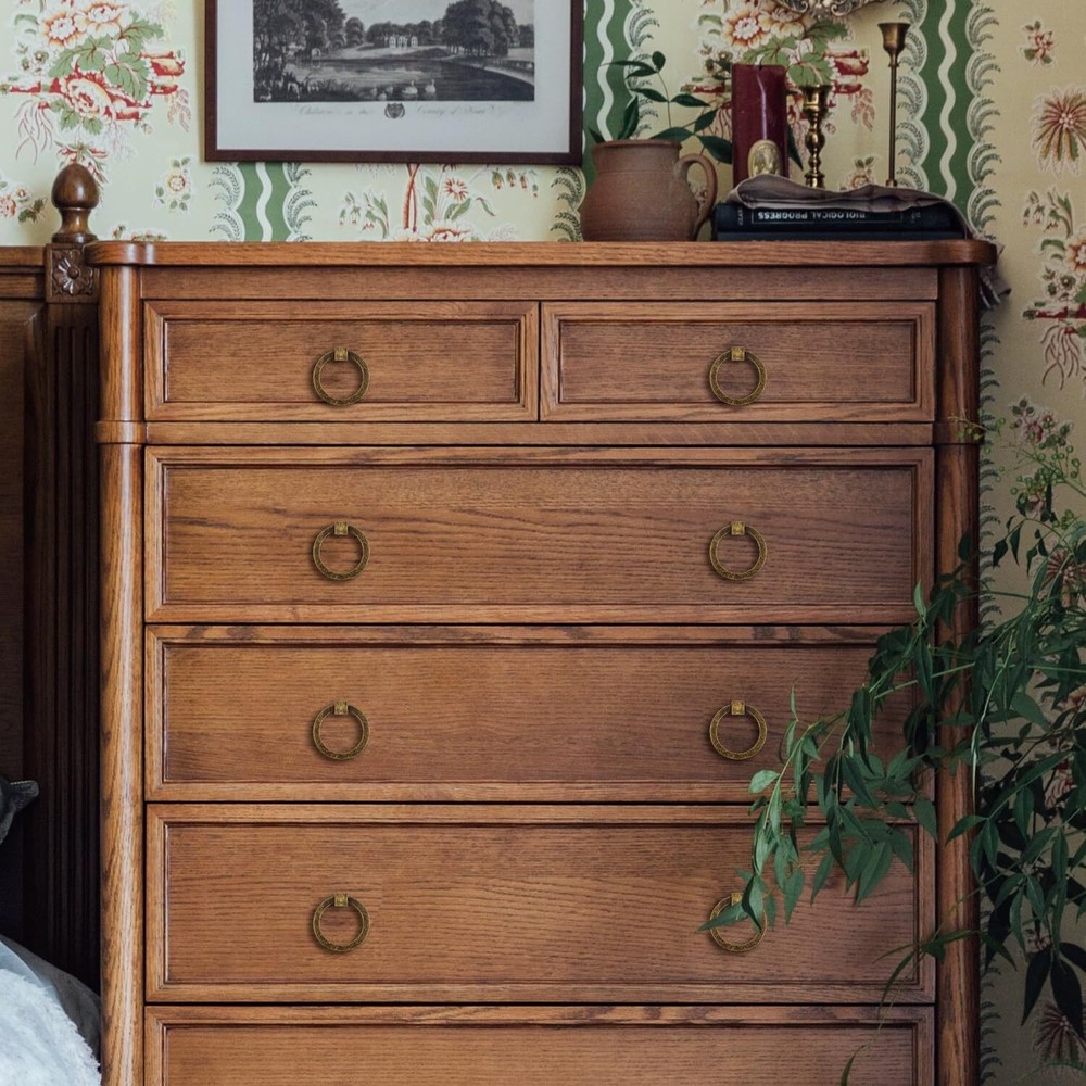 12Pcs 2.0" X 1-7/8" Solid Brass Antique Brass Pulls for Dresser Drawer Ring Pull