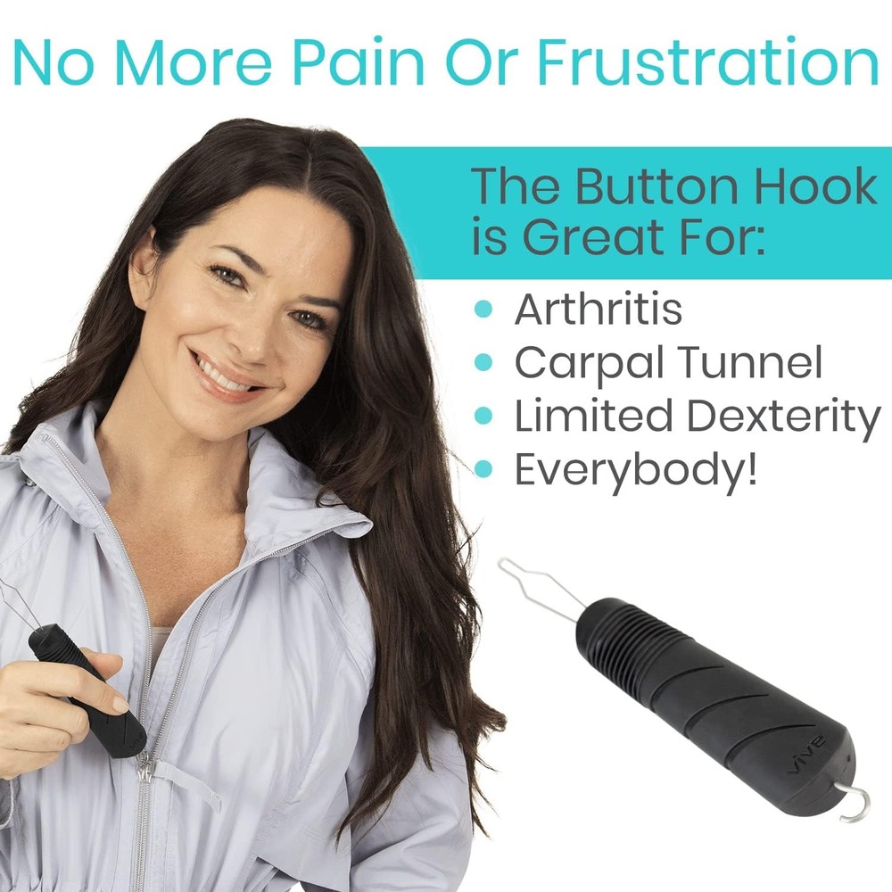 Vive Button Hook with Zipper Pull - Dressing 1 Count (Pack of 1), Black