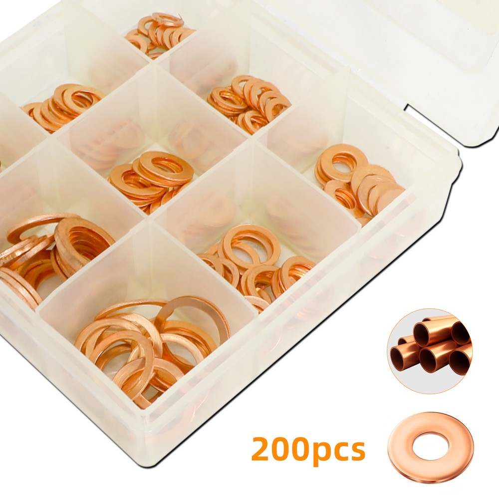 200PCS Solid Copper Crush Washer Gasket Set Flat O-Ring Seal Assortment Kits US
