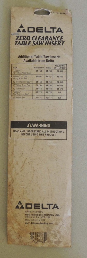 Delta Zero Clearance Table Saw Insert, 36-862, New