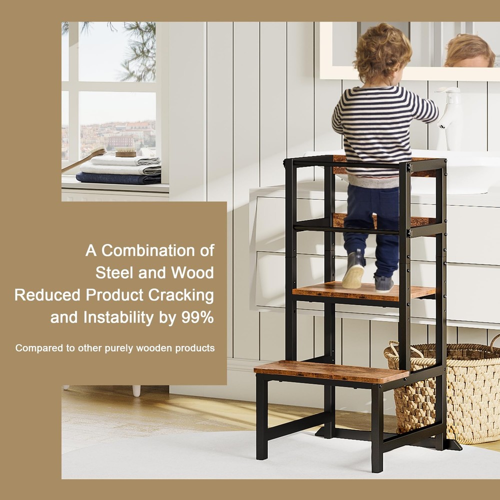 Kitchen Step Stool for Toddlers, Height Adjustable Tower with Safety Rail, St...