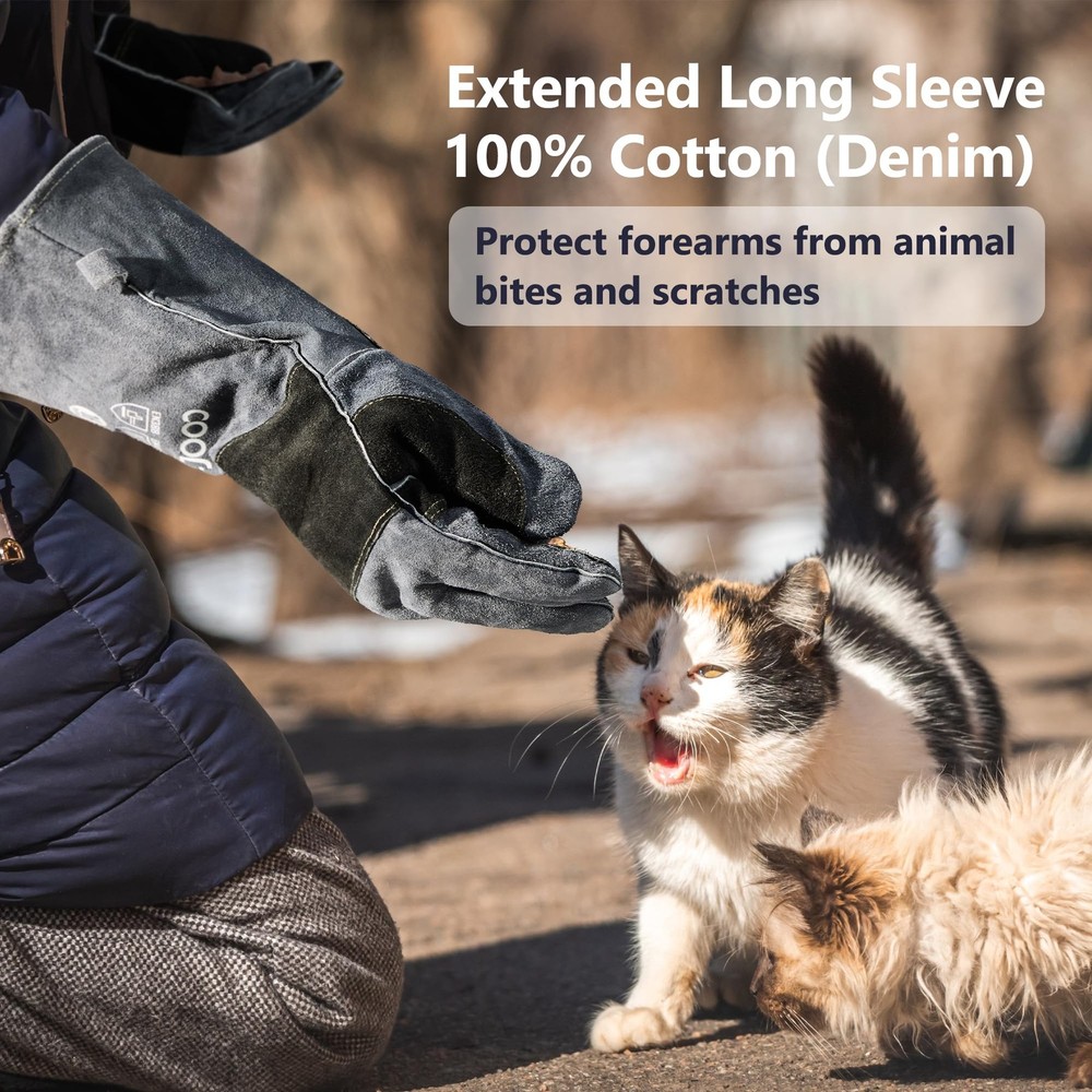Cowhide Split Leather Bite Proof Gloves for Animal Handling, Reinforced Thorn...