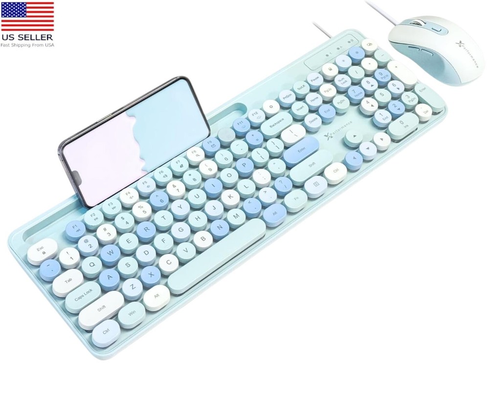 X9 Performance Wired Backlit Retro Typewriter Keyboard + Mouse Blue