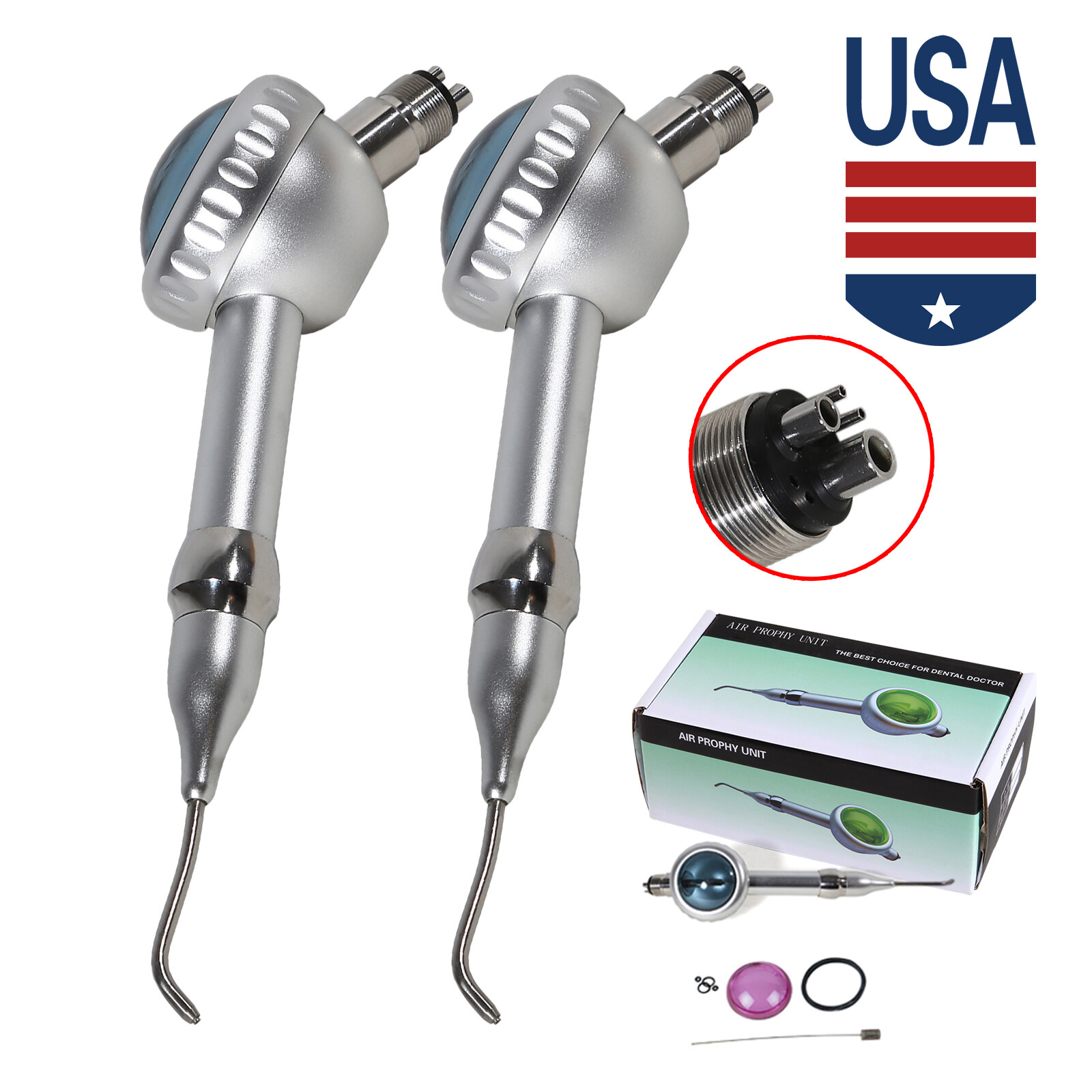 2X Dental Air Polisher Teeth Polishing Handpiece Hygiene Prophy 4 Holes w/ Tips