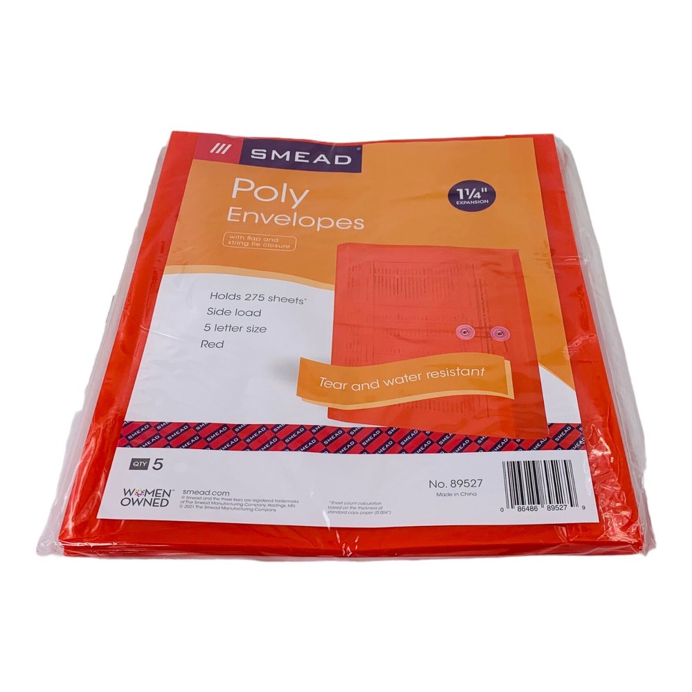 5 Count Smead Red Poly String & Button Envelopes Letter Size 1-1/4" Expansion