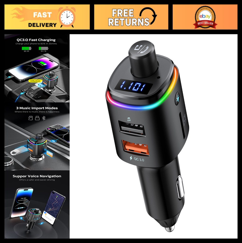 Bluetooth FM Transmitter Car Adapter, QC3.0 Fast Charge, Wireless Radio Kit, 7 C