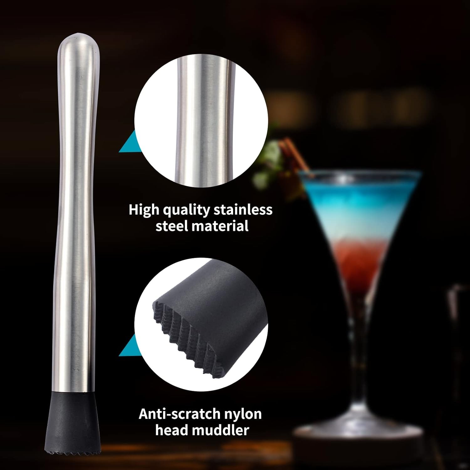 10 inch & 8 Stainless Steel Cocktail Muddler with 2 Mixing Spoon, Silver