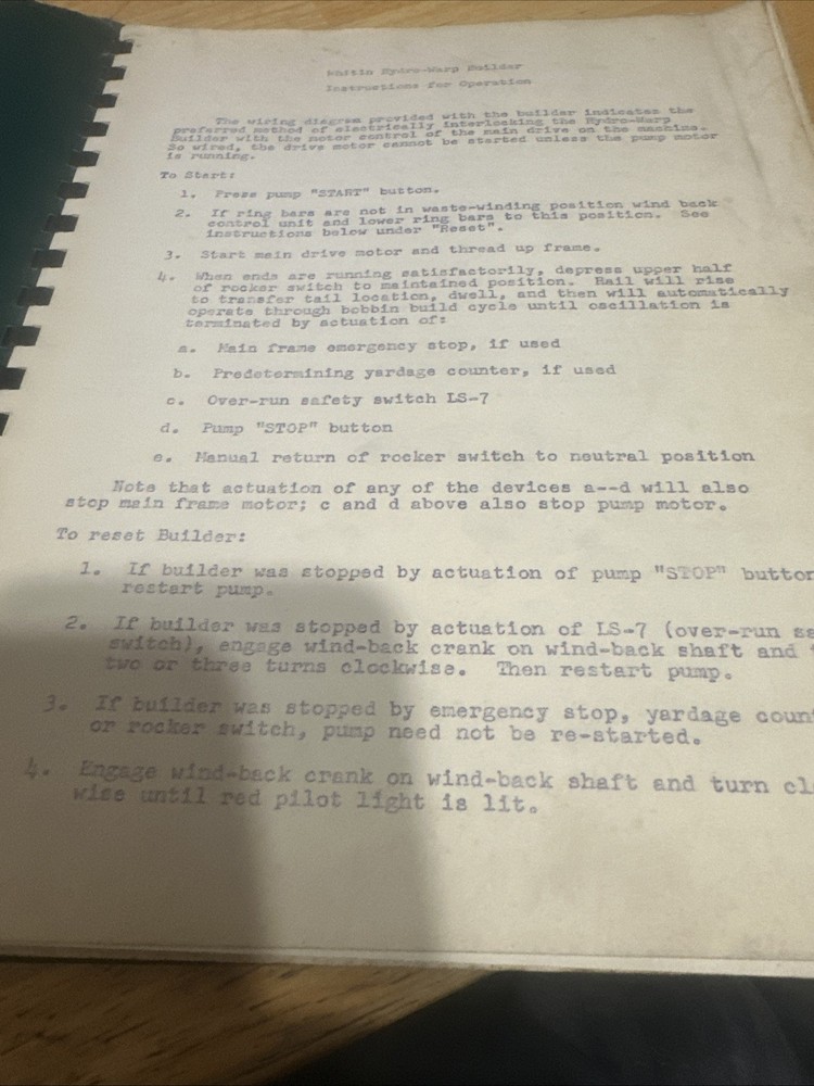 Whitin Hydro-warp Builder Instruction for Operation Manual Only