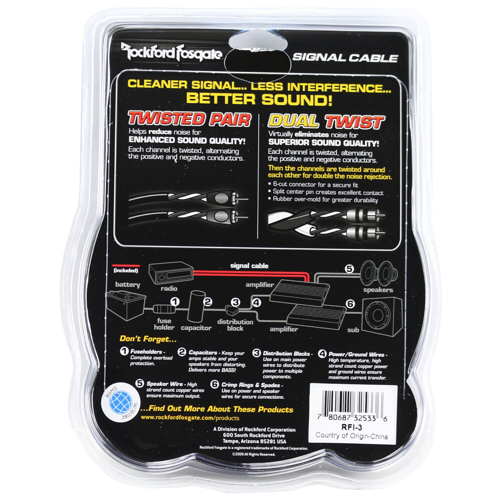Rockford Fosgate RFI-3 3 ft. 2-Channel Twisted RCA Interconnect Cable RFI3 NEW