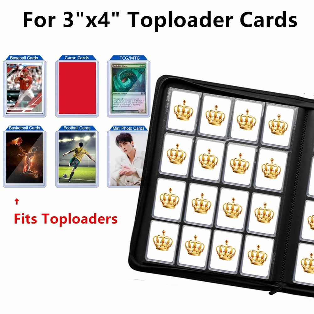 Premium 16 Pocket Toploader Binder Holds 640 Cards, Ringless Design Side-Load...