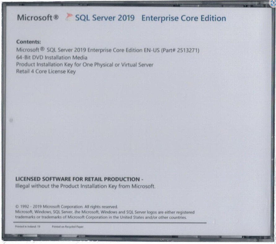 Microsoft SQL Server 2019 Enterprise with 4 Core License, unlimited User CALs