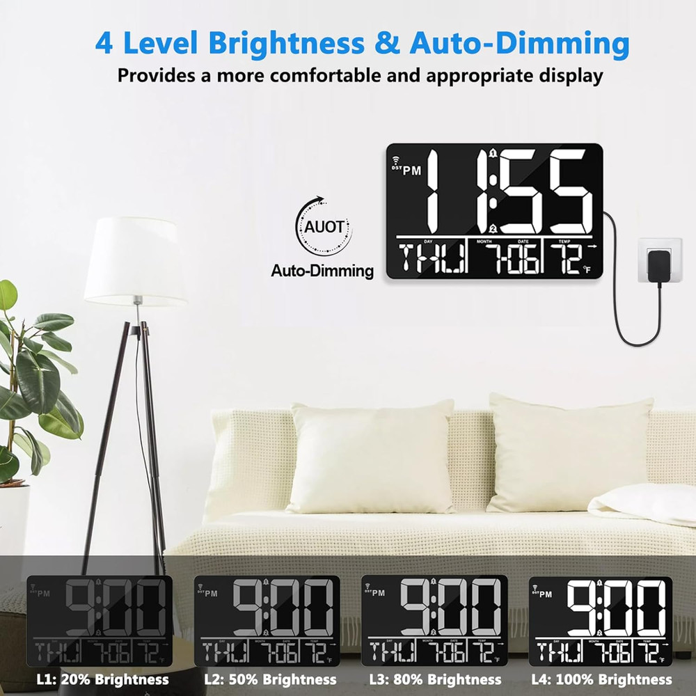 13" Bluetooth Auto Sync Wall Clock - Large Digital Alarm Clock with Remote, 25 R