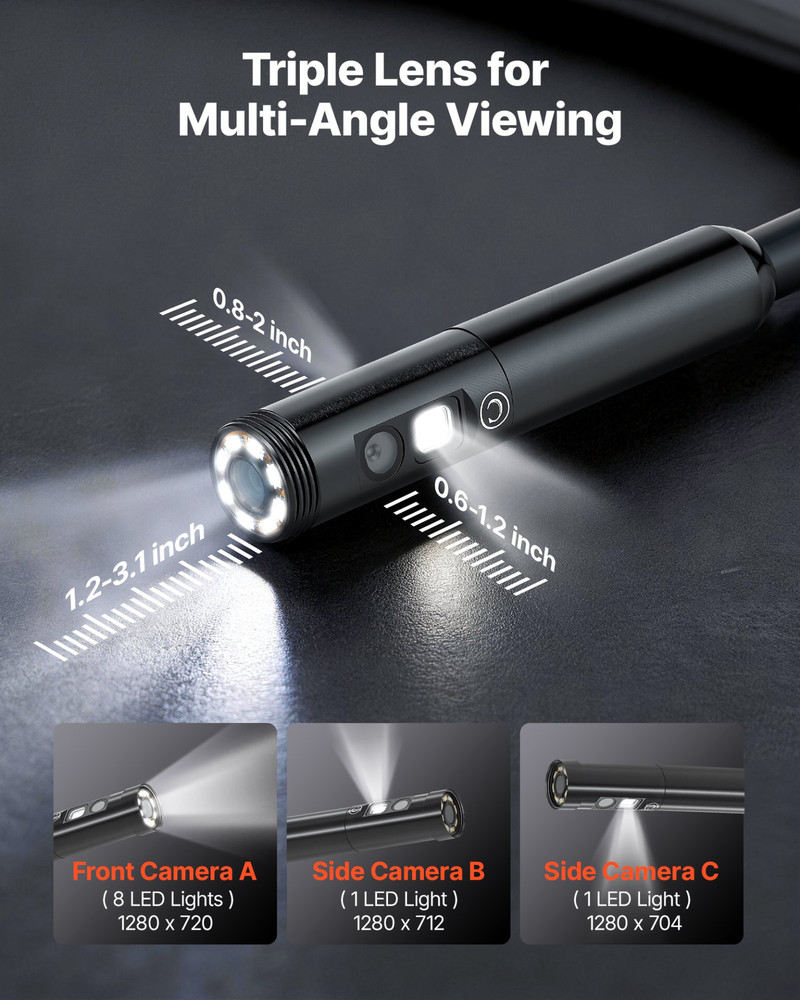 Triple Lens Endoscope 16.4FT Cable 4.5" Screen Borescope Camera IP67 Light