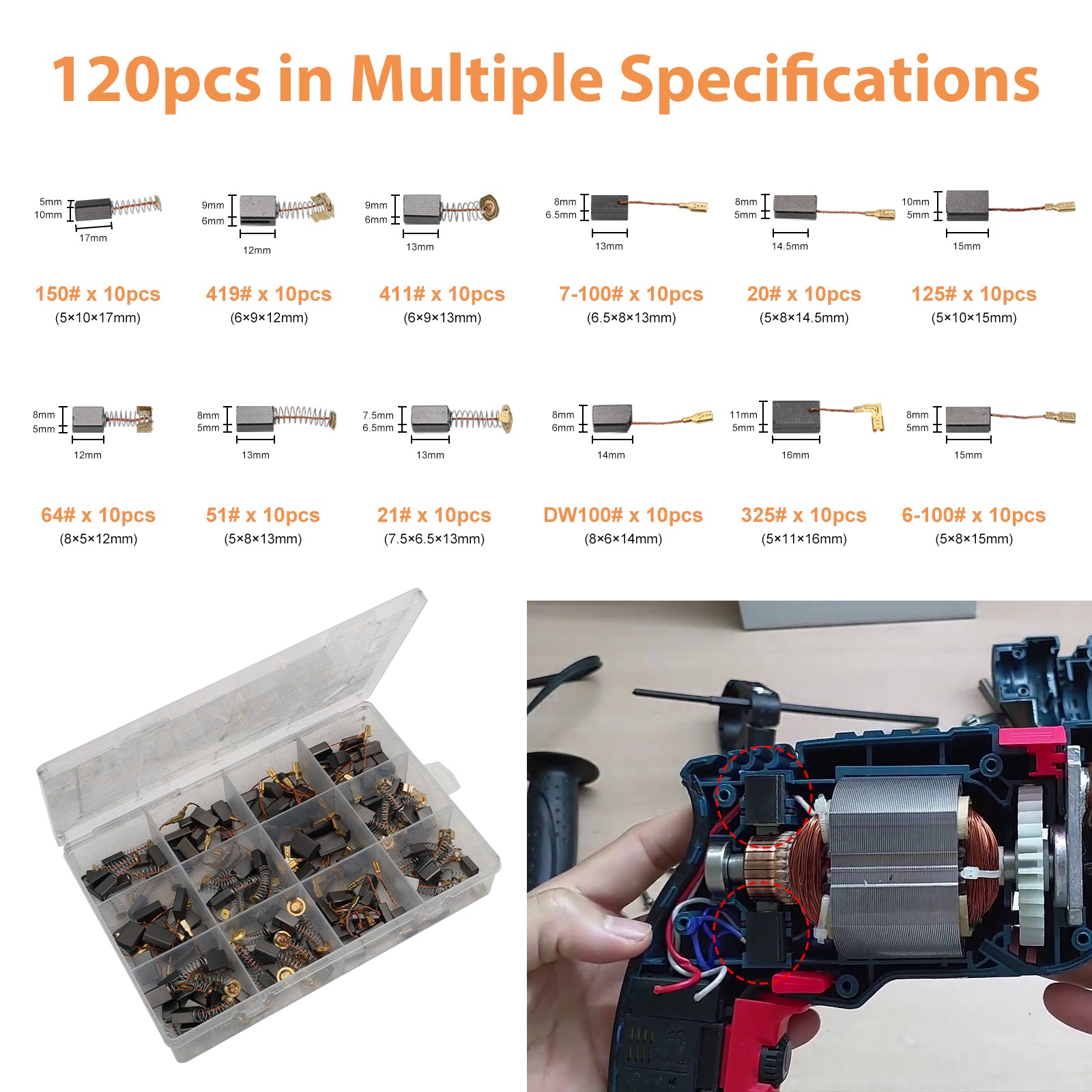120pcs Power Tool Carbon Brushes Motor Repair Set for Drills Saws Grinder Vacuum