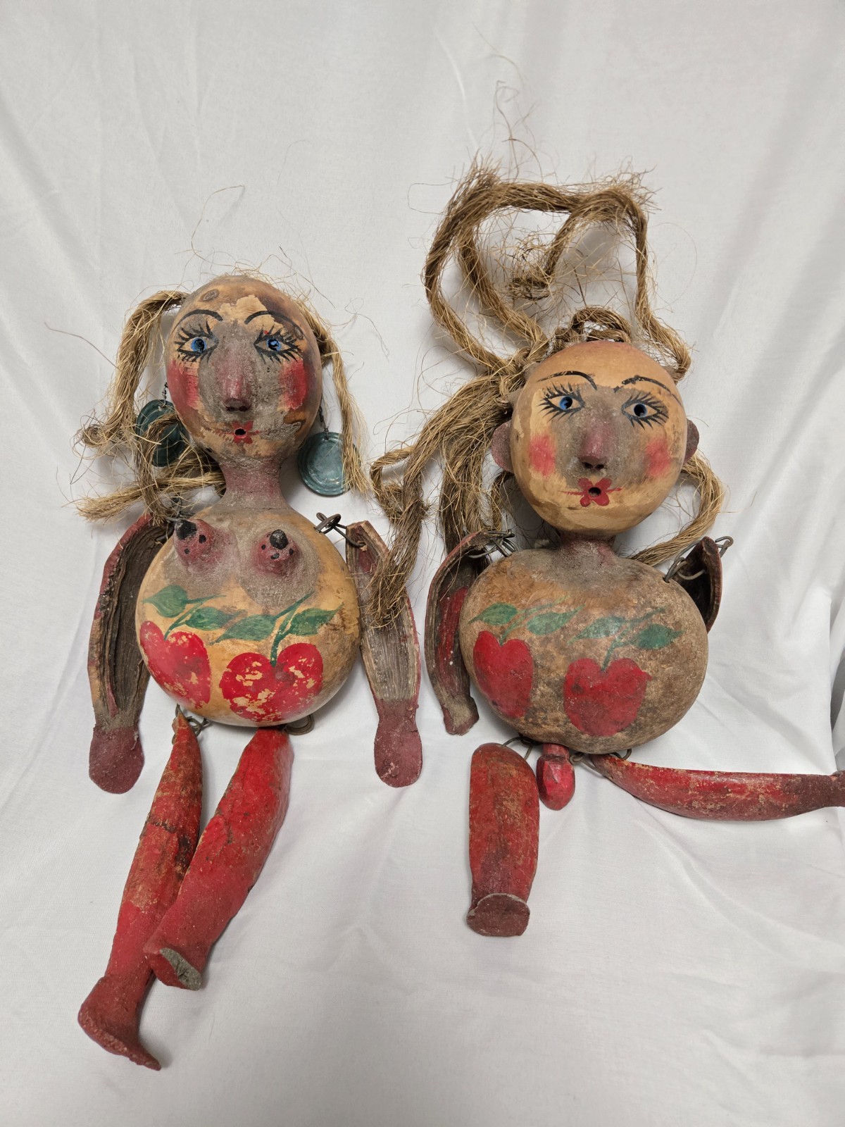 Antique Mexican Folk Art Phallic Gourd fertility Dolls Coconut Sisal Pair