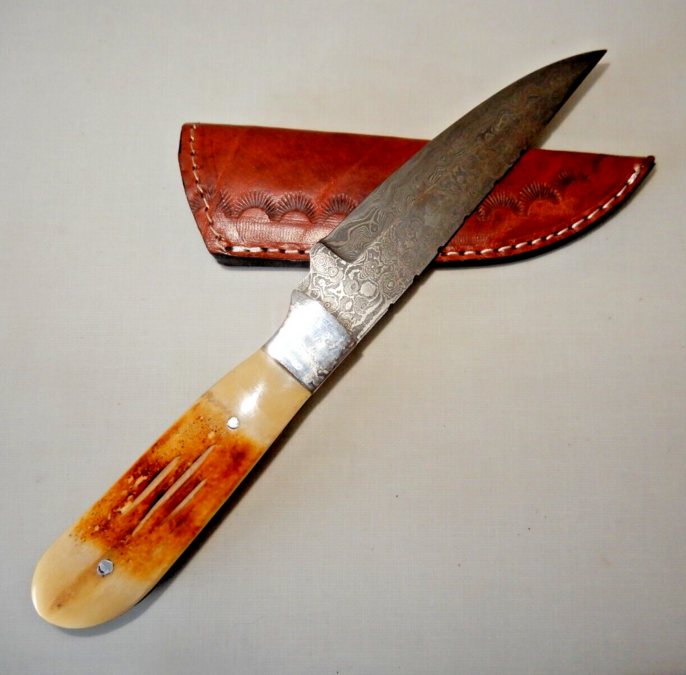 Custom Made 10.75" Knife, 5.5" Damascus blade, Bone handle, Custom Sheath UNUSED