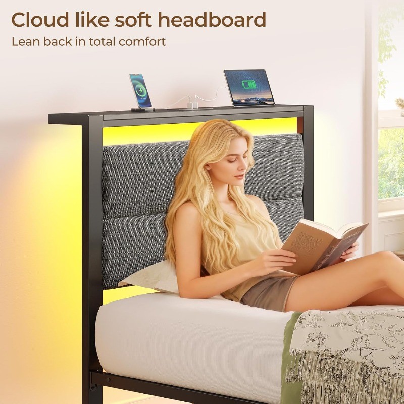 Seventable Twin Bed Frame with Upholstered Storage Headboard