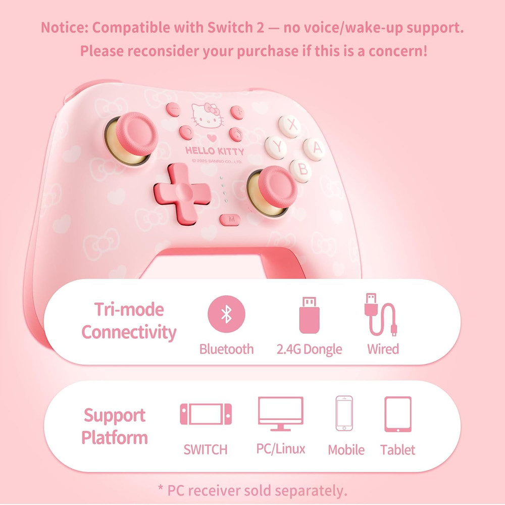 Pink Switch 2 Controller,Hello Kitty Hall Effect Controllers Wireless for Switch