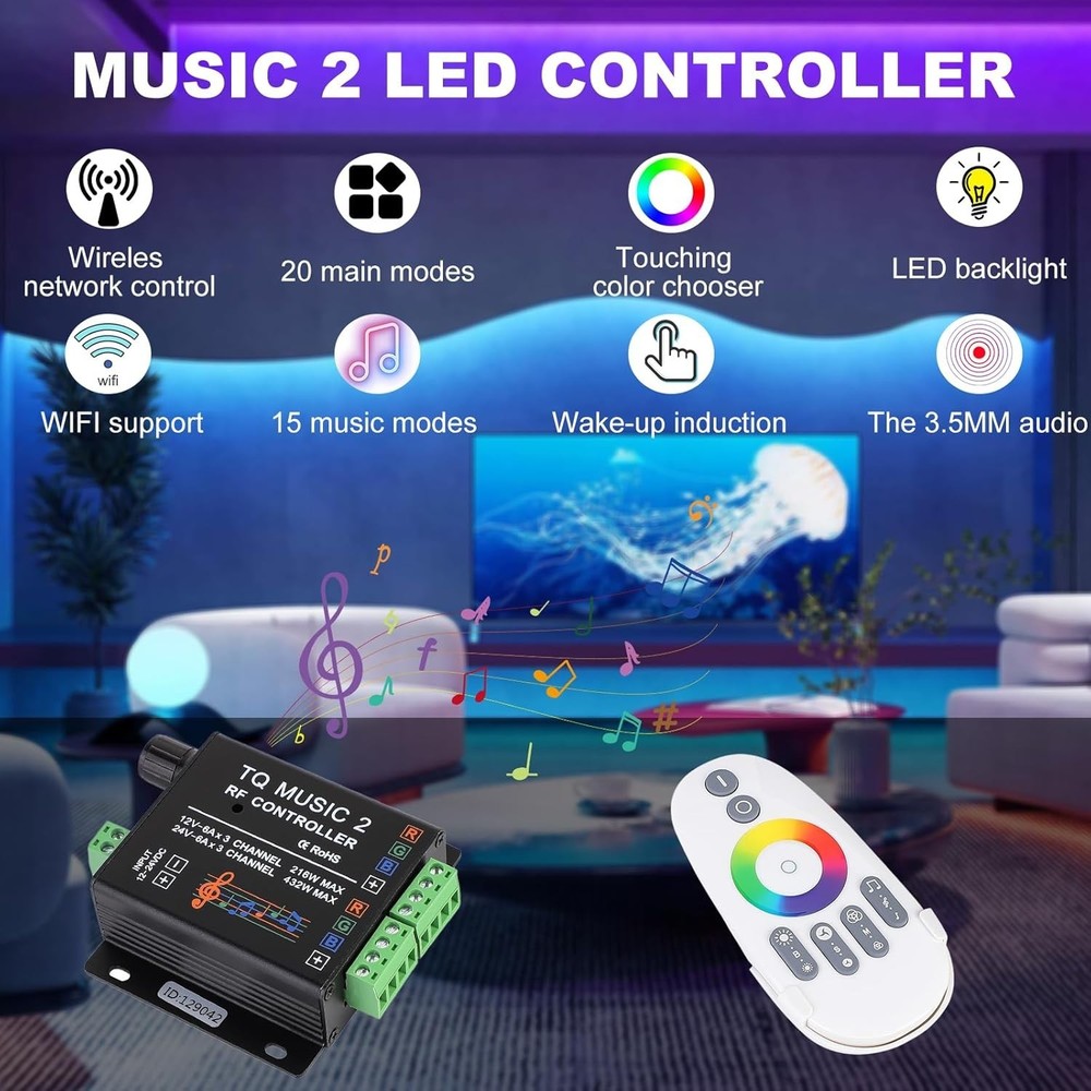 RGB LED Strip Controller with RF Remote Music Sync 15 Modes Touch Controller