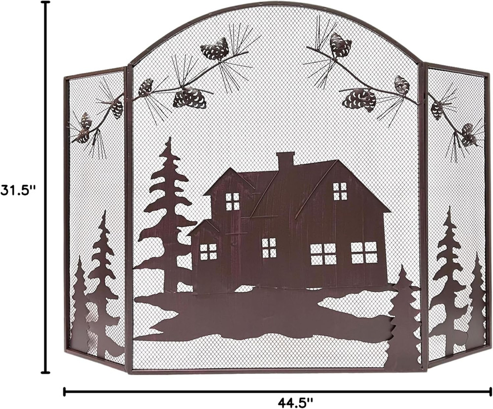 Rustic 3-Panel Fireplace Screen with Pine Cone Metal Mesh Design