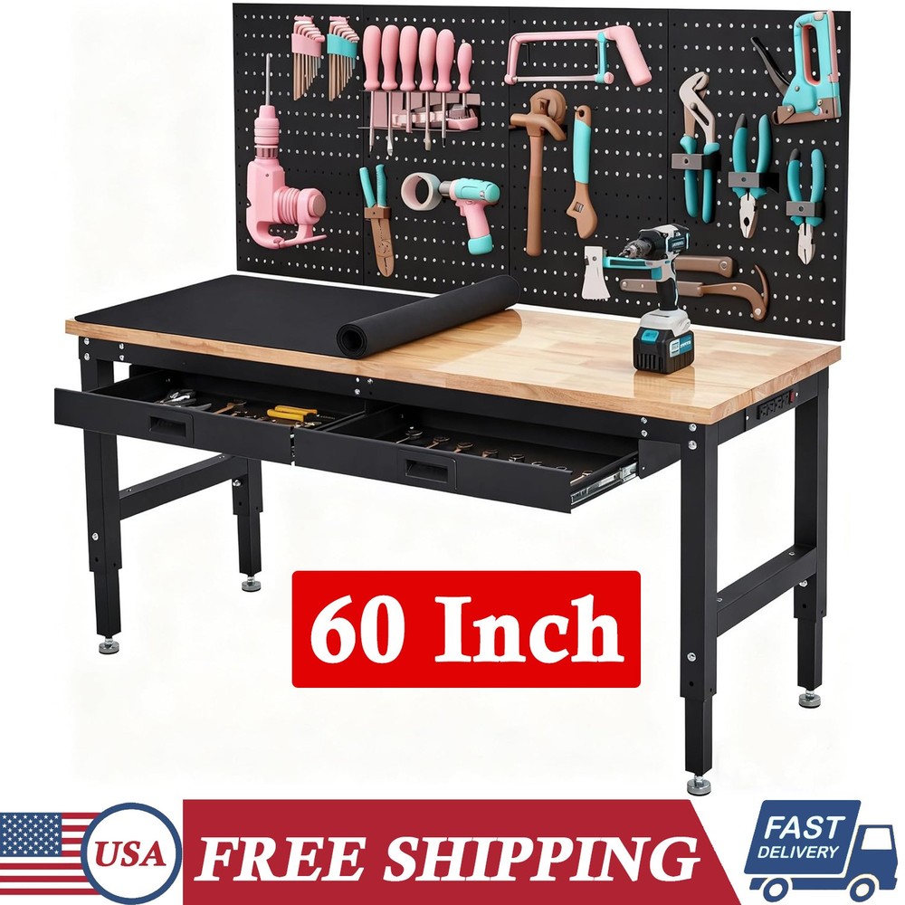 60" Workbench Adjustable Height Work Table w/ Drawers & Pegboard & Power Outlets