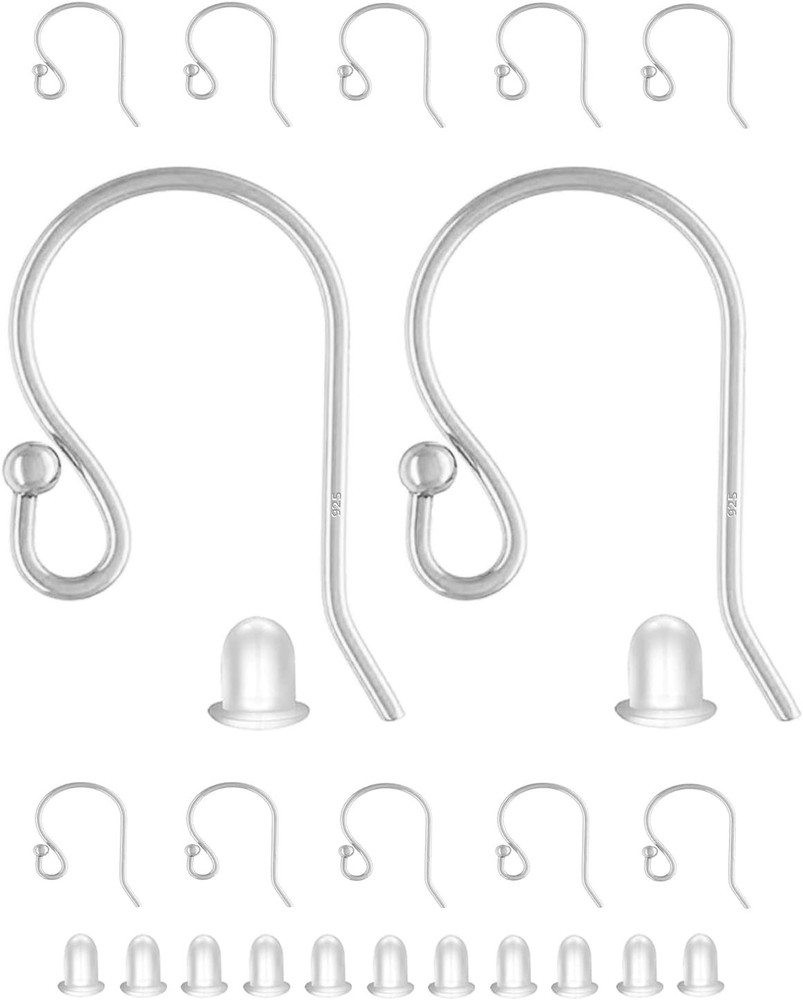 Earring Hooks 925 Sterling Silver Ball Dot Ear Wire with Rubber Backs Earwire...