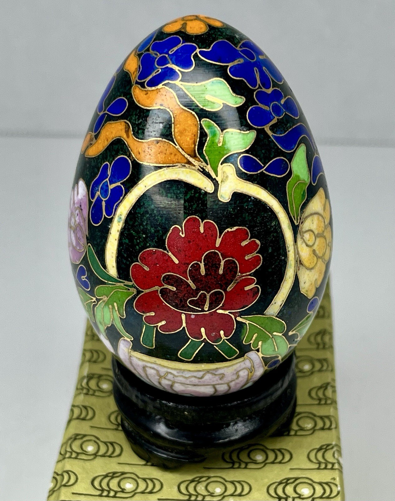 Vintage Chinese Black Cloisonné Enamel Copper Egg Pink Flowers Wood Stand In Box