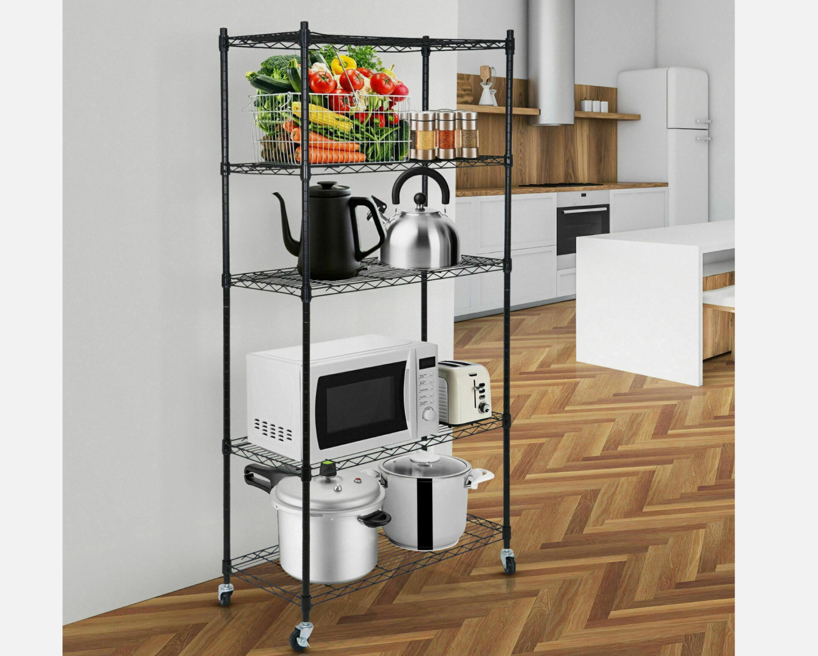 5-Tier Shelves Wire Unit Rack Large Space Storage Rolling with 4 Wheel Casters