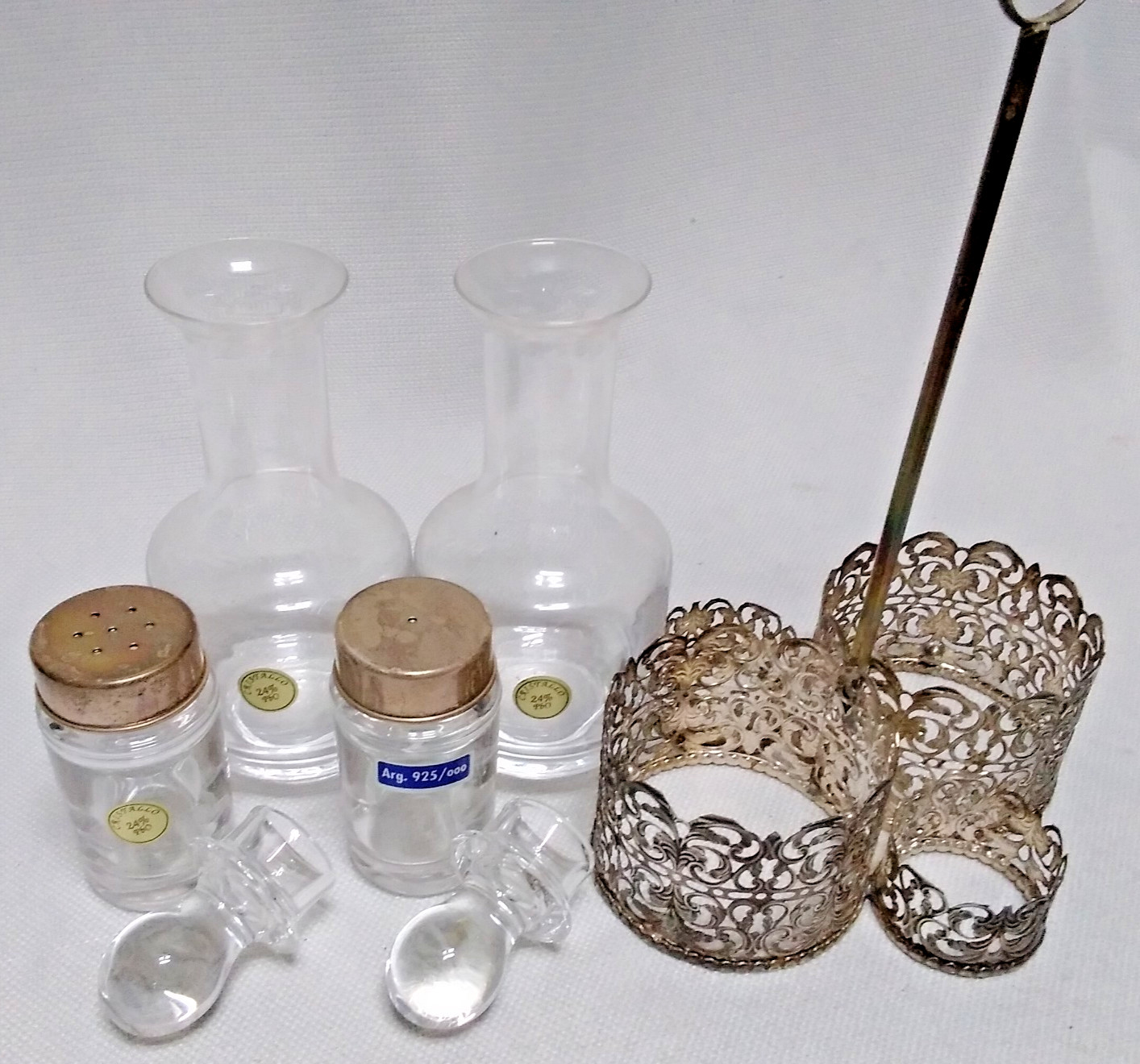 Italian 925 Cutout Sterling Silver and Fine Crystal Vessels Condiment Caddy