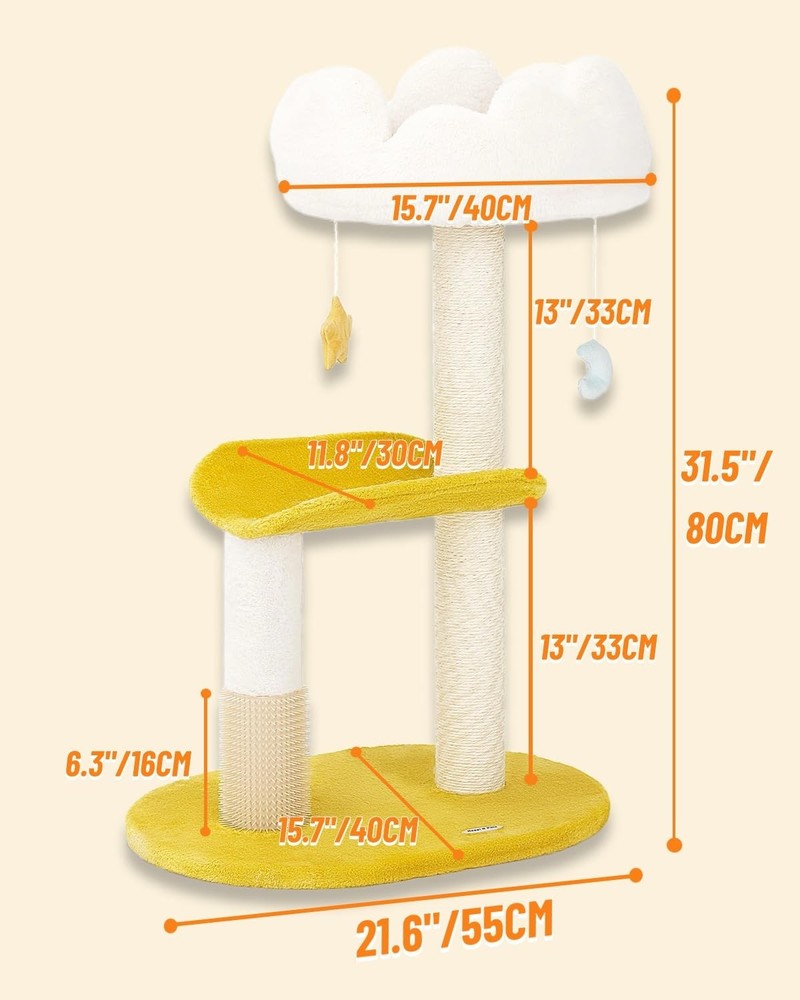 Cloud Cat Tree, 31.5in Multi-Level Indoor Cat Tower with Scratching Posts, Vi...
