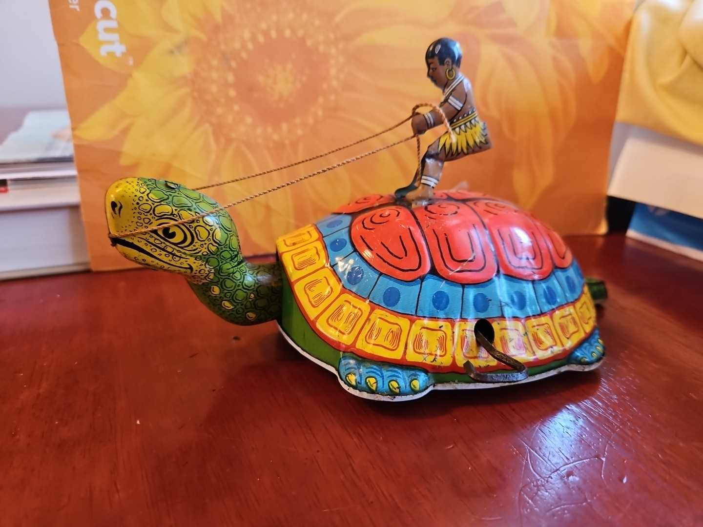 Vintage Antique Tin Toy Wind Up Chein Person Rides Giant Turtle Tortoise Display